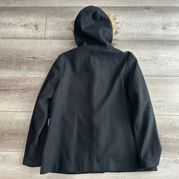 Tommy‎ Hilfiger Womens Wool Toggle Walker Pea Coat Size L Faux Fur Hood Preppy